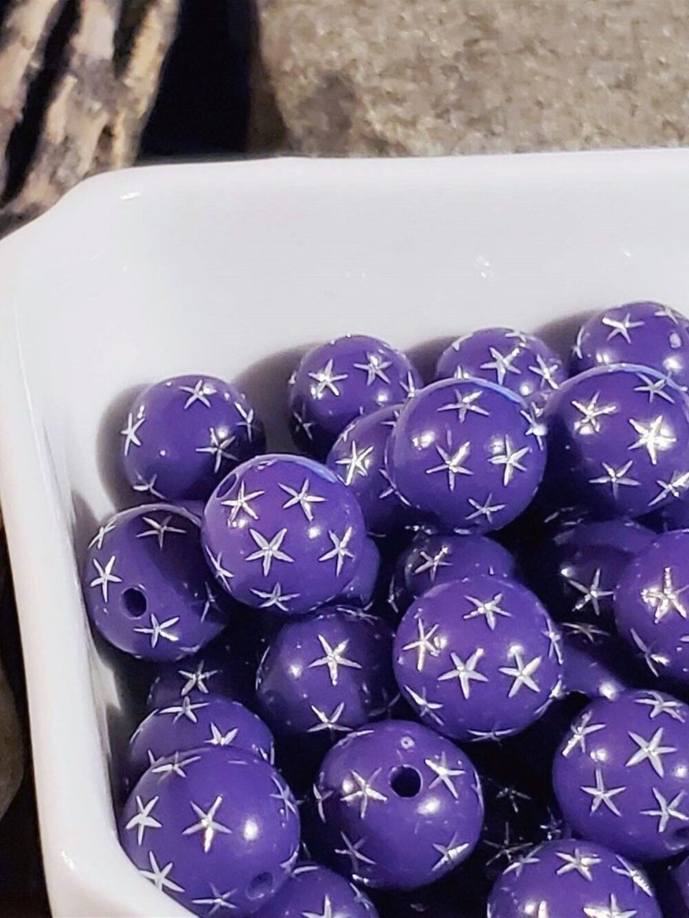Vintage Retro Purple Silver Stars 12mm Round Acrylic Shabby Chic Beads 10 pcs